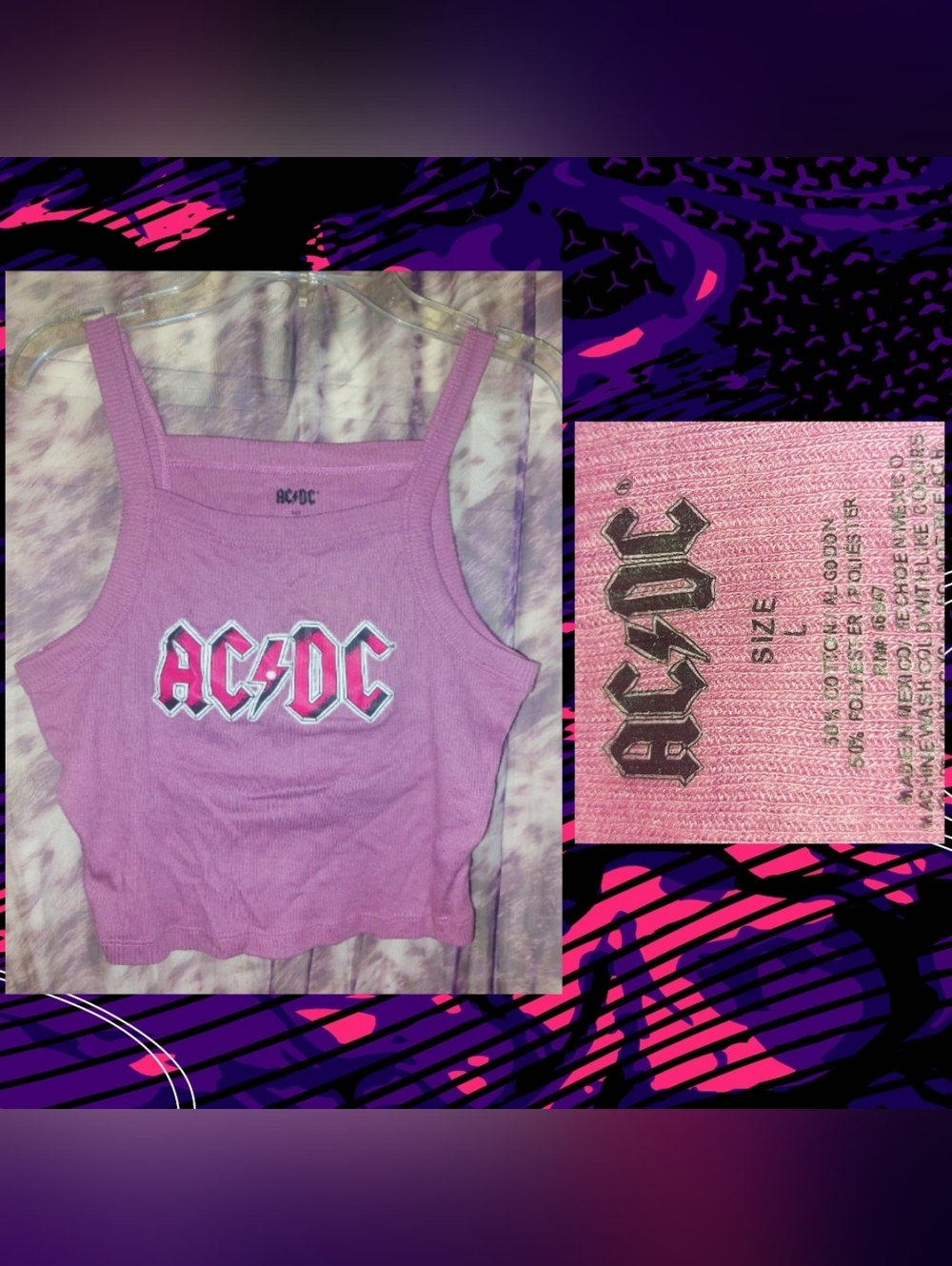 C-Life Group brand Mauve AC/DC Graphic Print Soft Knit Ribbed Crop Top Sz Large